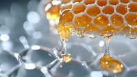 Golden honey dripping from natural honeycomb with hexagonal cells against soft blurred background. Fresh organic sweetener for food industry and cooking.