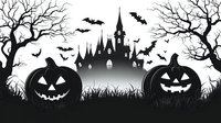 Spooky Halloween scene with carved pumpkins in foreground, haunted castle silhouette, flying bats and bare trees creating eerie atmosphere against misty background.