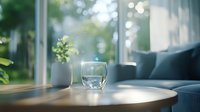 Glass of pure water on wooden round table with green plant and sofa in background, soft natural lighting creates peaceful atmosphere for wellness and mindful living.