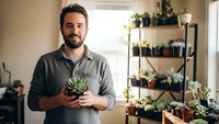 Young bearded man holding succulent plant in bright indoor garden room with shelves of potted plants for home gardening and plant care concepts.