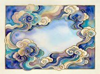 Watercolor ornamental cloud frame with swirling patterns in blue and gold tones, decorative border design for invitations and artistic projects.