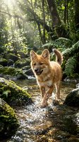 Young fox cub walking through forest stream with sunlight filtering through trees, surrounded by ferns and moss-covered rocks in natural woodland habitat.