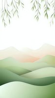 Minimalist landscape with rolling green hills and hanging willow branches against white background, soft pastel colors create serene mountain scenery.