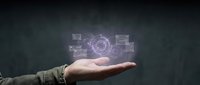 Businessman hand holding glowing digital gear and circuit board hologram, representing technology innovation, data processing, and engineering solutions for business applications.