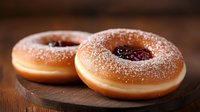 Fresh glazed donuts with jam filling and powdered sugar on wooden board for bakery menu and cafe advertising.