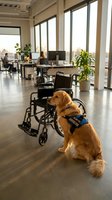 Golden retriever service dog sitting beside wheelchair in modern office workspace with natural light and plants for accessibility support.