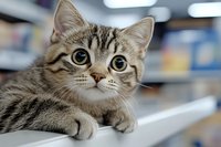 Adorable tabby kitten with big eyes sitting on veterinary examination table in modern animal clinic, pet healthcare and medical checkup concept.