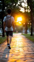 Young Asian man with backpack walking alone on park path during golden sunset, creating atmospheric silhouette against warm evening light.