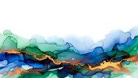 Abstract alcohol ink artwork with flowing blue, green and gold layers creating organic mountain-like formations on white background for modern decor.