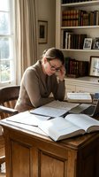 Stressed middle-aged Caucasian woman researcher studying at wooden desk with books and laptop in home library office with built-in bookshelves and natural light.