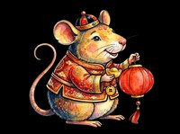 Cute mouse character wearing traditional red and gold Asian clothing and hat, holding a decorative lantern, isolated on transparent background and ready for t-shirt design, clipart, stickers, and print-on-demand products.