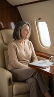 Mature Caucasian businesswoman relaxing in luxury private jet cabin during flight, enjoying premium air travel experience with elegant interior design.