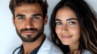 Close up portrait of smiling young couple in white against light background, showing genuine happiness and connection. Professional lifestyle photo for wellness and relationship themes.