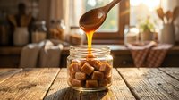 Golden honey dripping from wooden spoon into glass jar filled with caramel candies on rustic kitchen table with warm sunlight streaming through window.