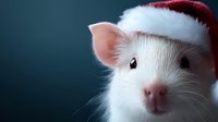 White rat wearing red Santa hat for Christmas holiday celebration and festive seasonal greeting cards or winter pet photography projects.