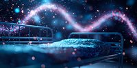Mystical winter night scene with glowing cosmic waves above empty bed, sparkling particles and ethereal blue light creating dreamy atmosphere. Surreal bedroom interior.