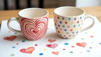 Two ceramic mugs with heart and polka dot patterns sit on wooden surface surrounded by scattered colorful paper hearts and dots, perfect for Valentine's Day, love-themed designs, gifts, and festive celebrations.