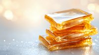 Stack of golden caramel candy pieces with shimmering sugar crystals on light background with bokeh effect, close-up view showing transparent layers and texture.