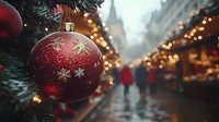Red Christmas ornament in focus against blurred festive market street with bokeh lights, snow and people walking in winter evening atmosphere.