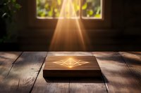 Mystical sunbeam illuminating ancient book with glowing geometric symbol on wooden table near window, creating magical atmosphere in dark room.