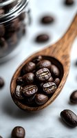 Fresh roasted coffee beans in wooden spoon macro shot with selective focus. Dark brown aromatic beans against light background for cafe and restaurant menu.