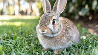 Adorable brown and white bunny sitting in green grass on sunny day with natural bokeh background. Close up portrait of domestic rabbit outdoors in garden setting.