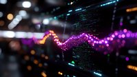 Glowing purple data visualization wave with code elements on dark background, financial market graph showing dynamic statistics and analytics.