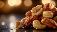 Mixed nuts almonds cashews walnuts healthy snacking protein rich food ingredients cooking baking golden warm lighting bokeh background nutritious organic.