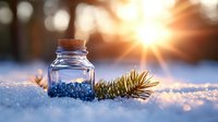 Small glass bottle with blue beads and pine branch on sparkling snow at sunset, creating magical winter atmosphere for holiday designs.