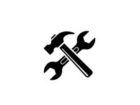 Crossed hammer and wrench tools icon isolated on white background for repair service, maintenance work, construction projects and technical support.
