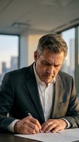 Middle-aged Caucasian male executive in formal business attire signing documents at modern office desk with city skyline view through windows.