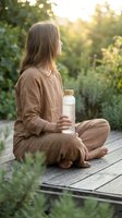Young woman with long brown hair, Caucasian ethnicity, sitting barefoot on wooden deck in garden holding white cosmetic bottle, surrounded by green plants and natural sunlight for skincare and wellness marketing.
