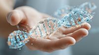 Caucasian hand holding glowing blue DNA helix model with digital particles, representing genetic research, biotechnology, and medical science innovation.