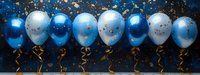 Festive blue and white balloons with gold ribbons and confetti against dark background create elegant party atmosphere for celebration events.