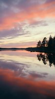 Serene lake at sunset with pink and purple sky reflecting on calm water, evergreen forest silhouette on shoreline, peaceful nature landscape for relaxation and travel themes.