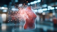 Glowing mannequin torso dissolving into sparkling particles against blurred urban background with bokeh lights creates surreal fashion retail atmosphere.