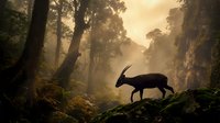 Silhouette of antelope with curved horns standing on rocky ledge in misty forest canyon at golden sunrise with atmospheric lighting and lush vegetation.