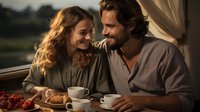Romantic couple sharing intimate morning moment at breakfast with coffee, croissants and strawberries. Warm natural lighting creates cozy atmosphere.