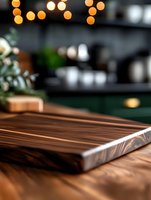 Wooden cutting board on kitchen counter with warm bokeh lights and blurred background, highlighting natural wood grain texture and craftsmanship.