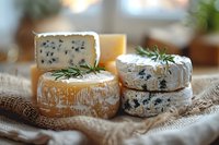 Artisanal cheese selection with blue mold and soft rind varieties garnished with fresh rosemary sprigs, arranged on rustic burlap cloth in natural lighting.