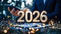 Professional in dark suit holds glowing numbers 2026 above digital network visualization with sparkling bokeh lights creating futuristic business atmosphere.