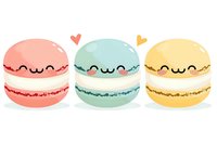 Cute kawaii macarons with happy faces in pastel pink, mint green, and yellow colors arranged in row on white background, sweet dessert illustration for stationery design.