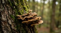 Bracket fungi growing on moss-covered tree trunk in natural forest environment with soft bokeh background for nature and woodland themes.