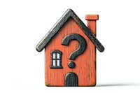 Orange wooden house with question mark door, small window, and gray roof on white background. Concept for real estate questions or housing uncertainty.