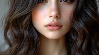 Young Asian woman with wavy brown hair, blue eyes, and natural makeup featuring glossy nude lips against soft neutral background.