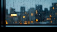 Raindrops on window glass with blurred city skyline and bokeh lights creating moody urban atmosphere during evening rainfall in metropolis.