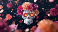 Decorated sugar skull with floral crown of pink and peach roses, carnations against dark background with floating petals and bokeh lights. Day of Dead celebration.