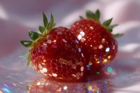 Fresh ripe strawberries with glitter sparkles and rainbow light reflections on pink background, macro photography for food and beverage industry.