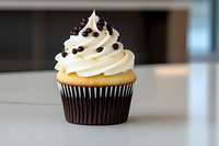Chocolate cupcake topped with swirled vanilla buttercream frosting and dark chocolate chips against light background, fresh bakery dessert for celebrations.