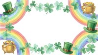 Watercolor St. Patrick's Day frame with leprechaun hats, gold pots, four-leaf clovers and rainbows on white background for festive holiday designs.